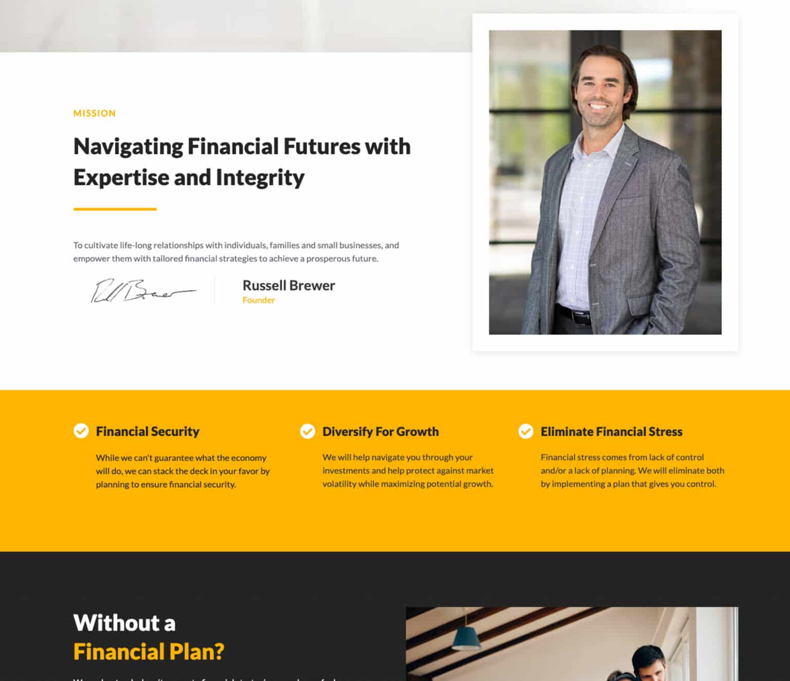 A financial website with an image of a man.