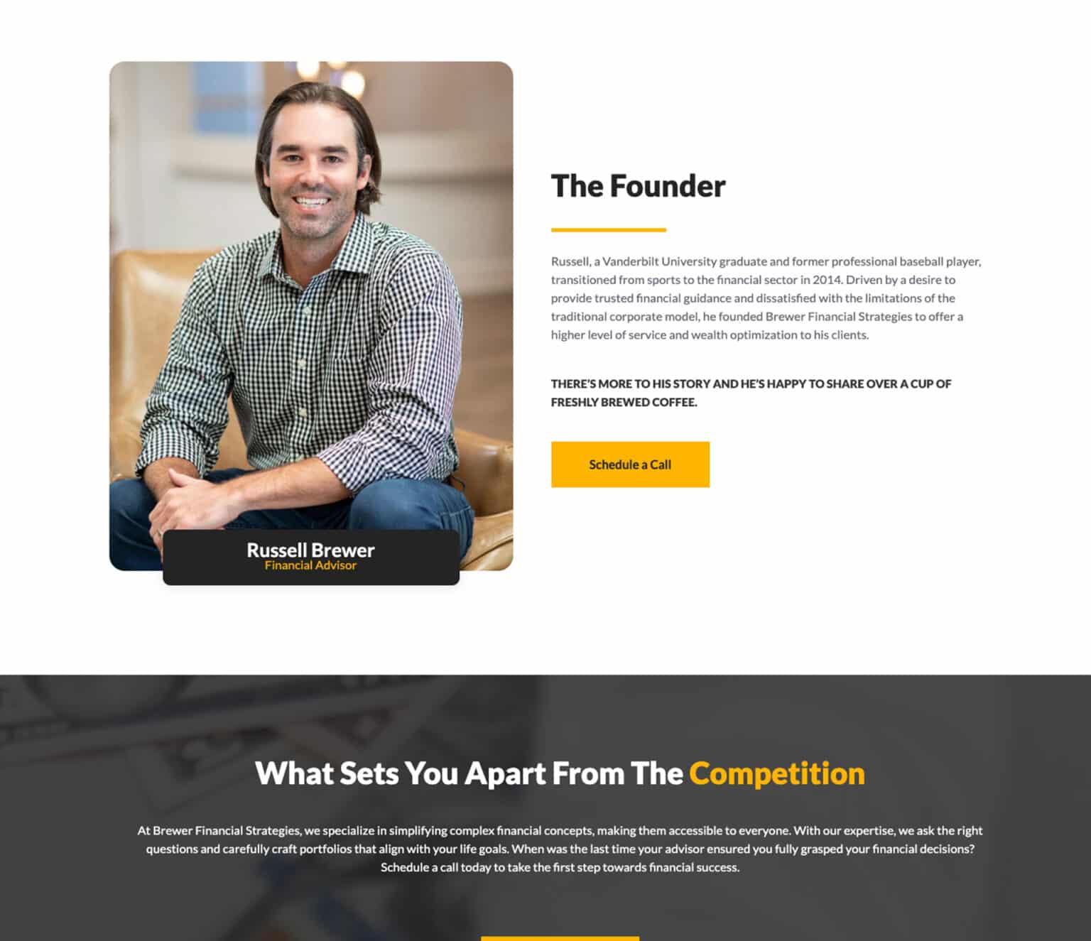 A landing page for a business website with a man sitting in a chair.