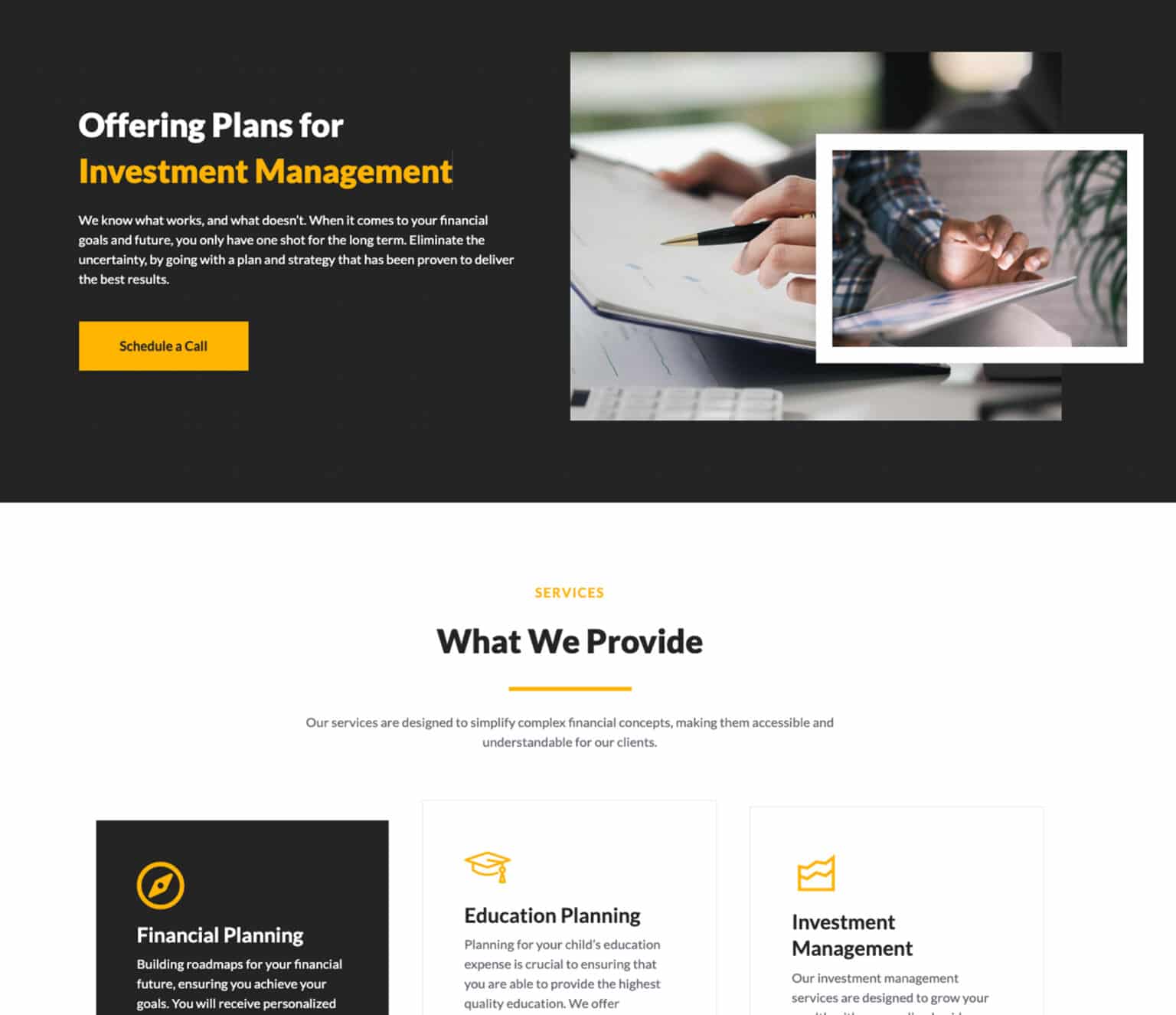 A website showing investment management services.