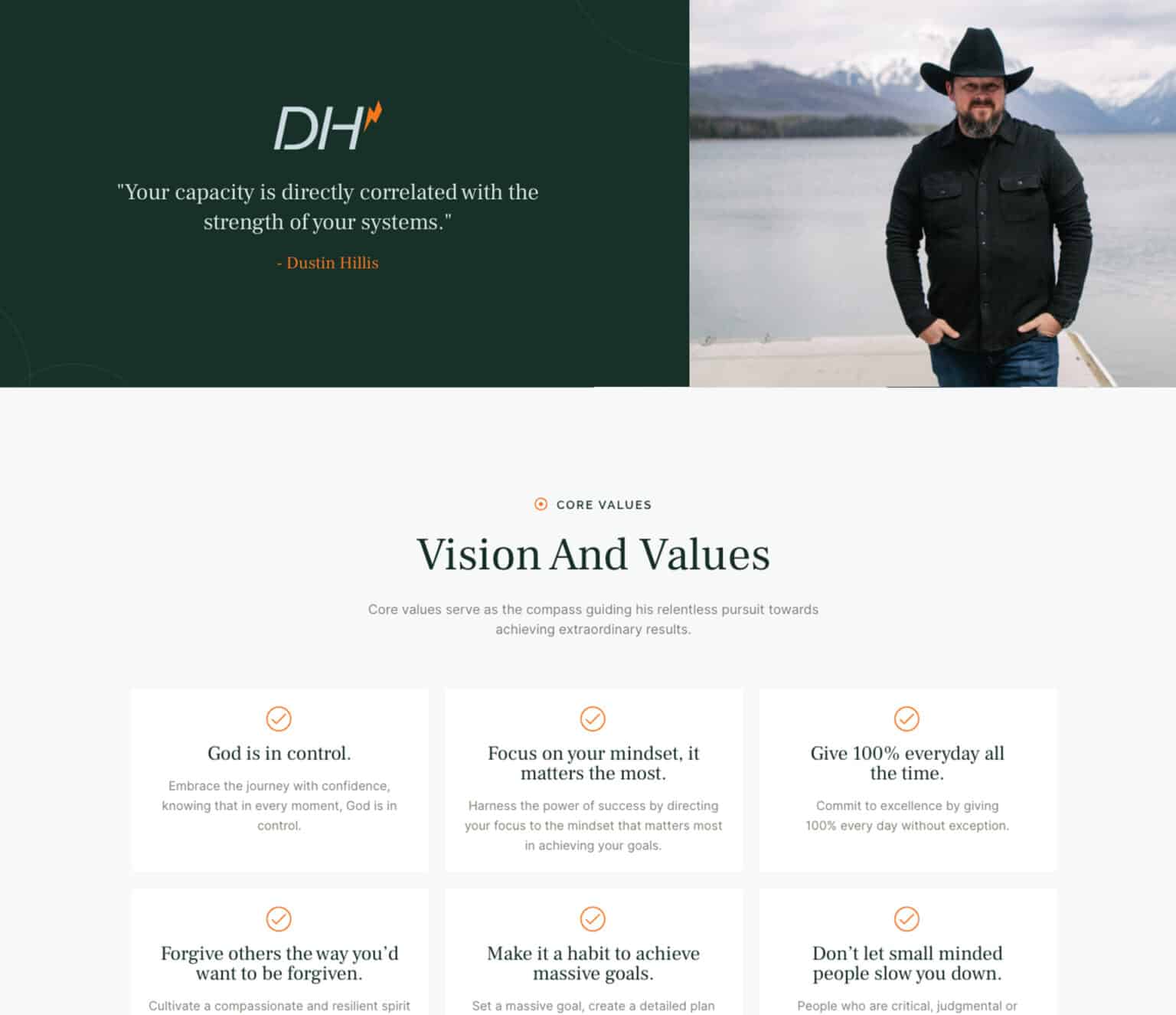 The values section of the Dustin Hillis website.