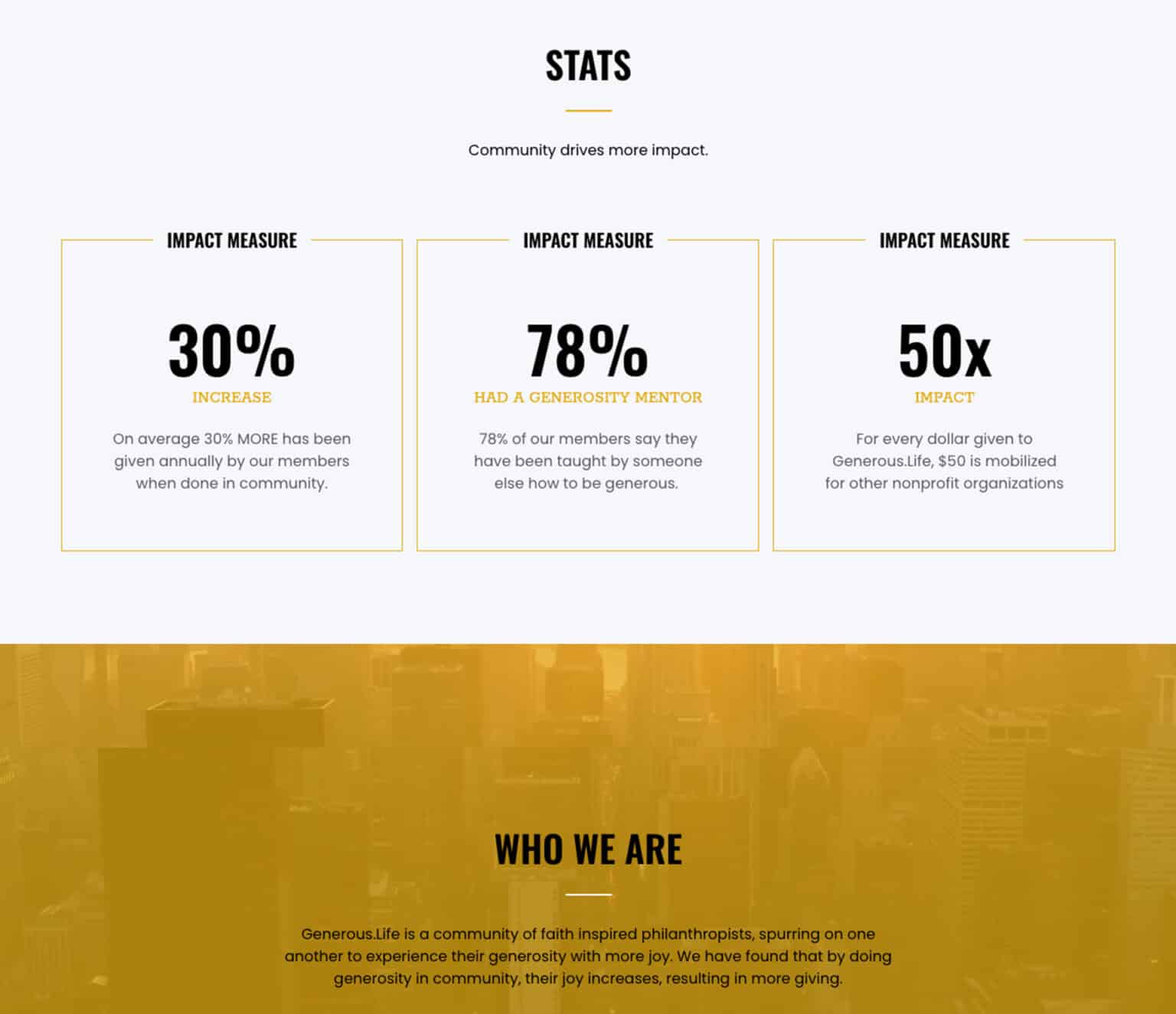 The homepage including impact stats.