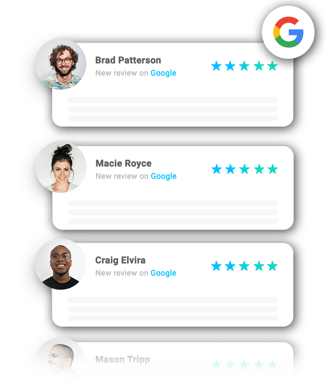 A group of people with a star rating on a google review page.