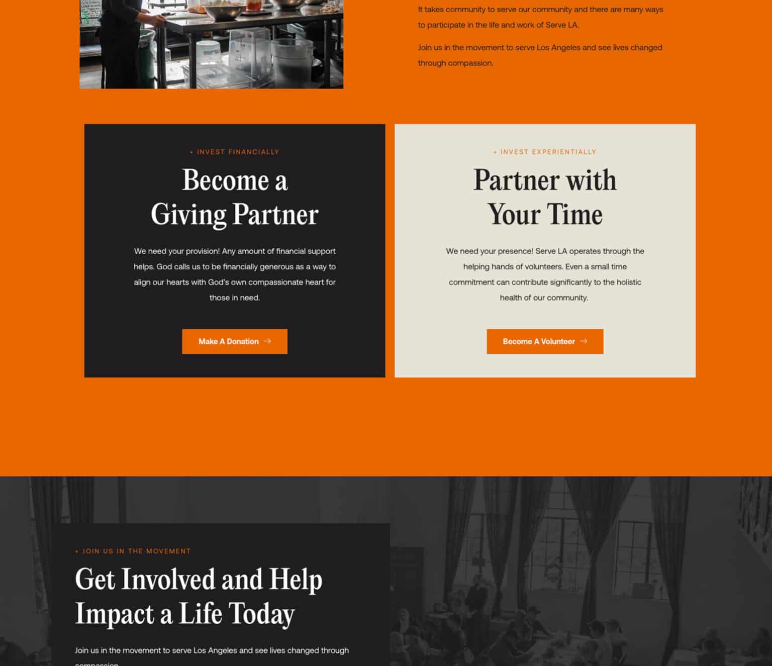 Website interface showing options to "invest financially" and "invest experientially" in a community movement, with a call to action for donations and volunteering.