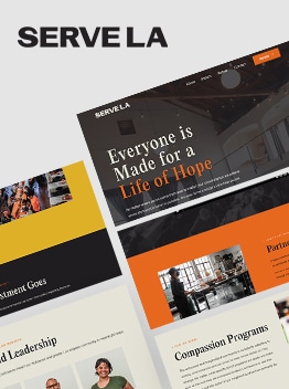 A collage of website design previews for "serve la" featuring a clean layout with orange and black color scheme and images of community service.